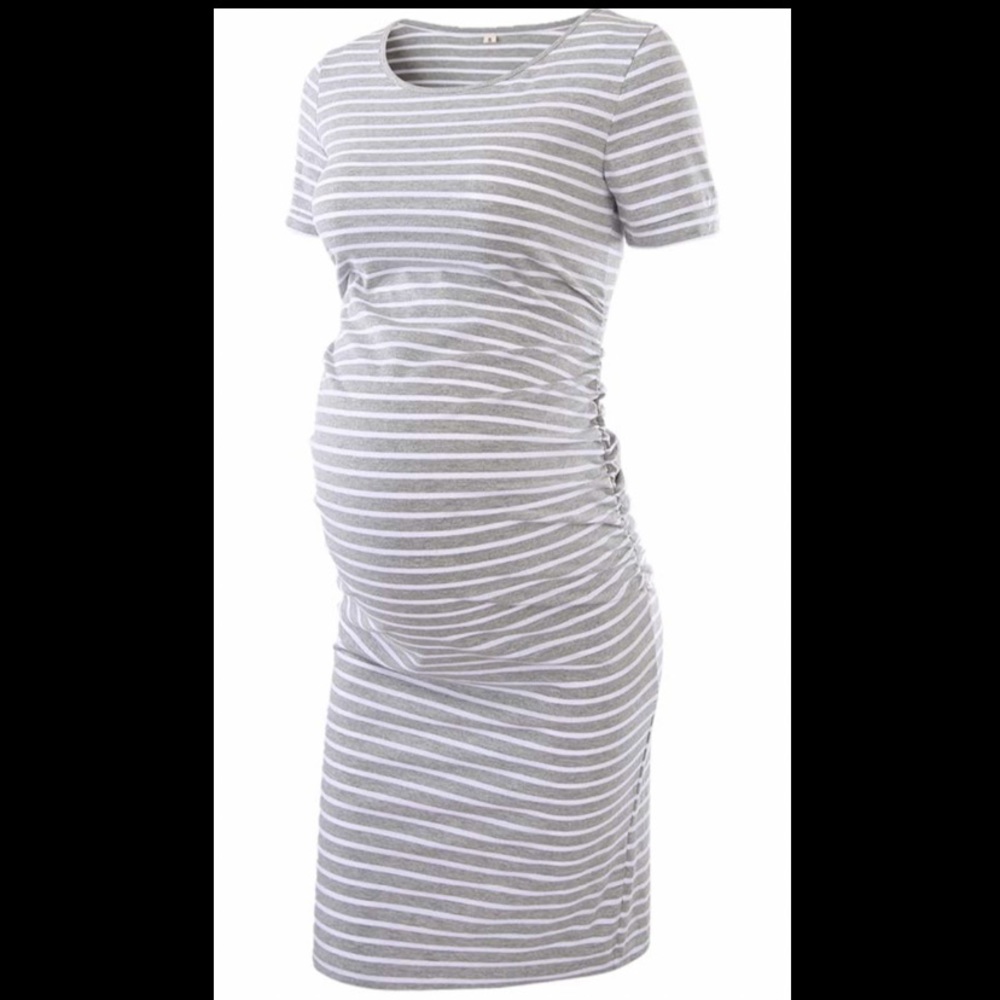 Maternity Dress: Gray and white stripped body con